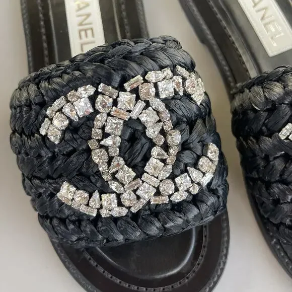 Chanel Black Raffia Sandals With Crystal Embellishments CC Logo 36C - Picture 3 of 14